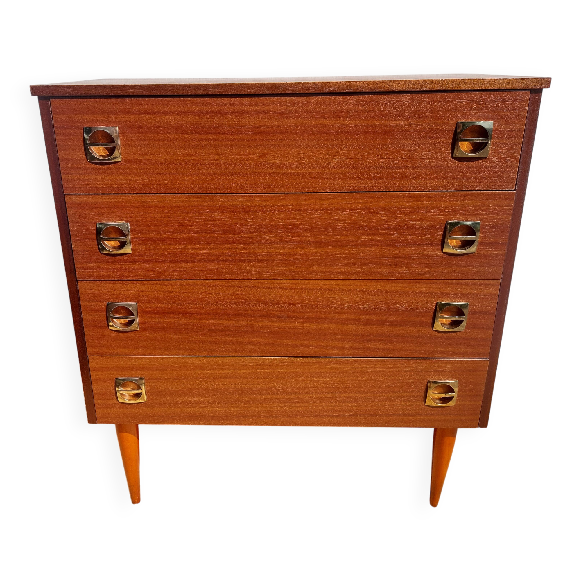 1960s chest of drawers, spindle legs, recessed handles