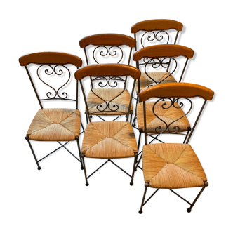 Chair wrought iron seat rye straw back oak wood