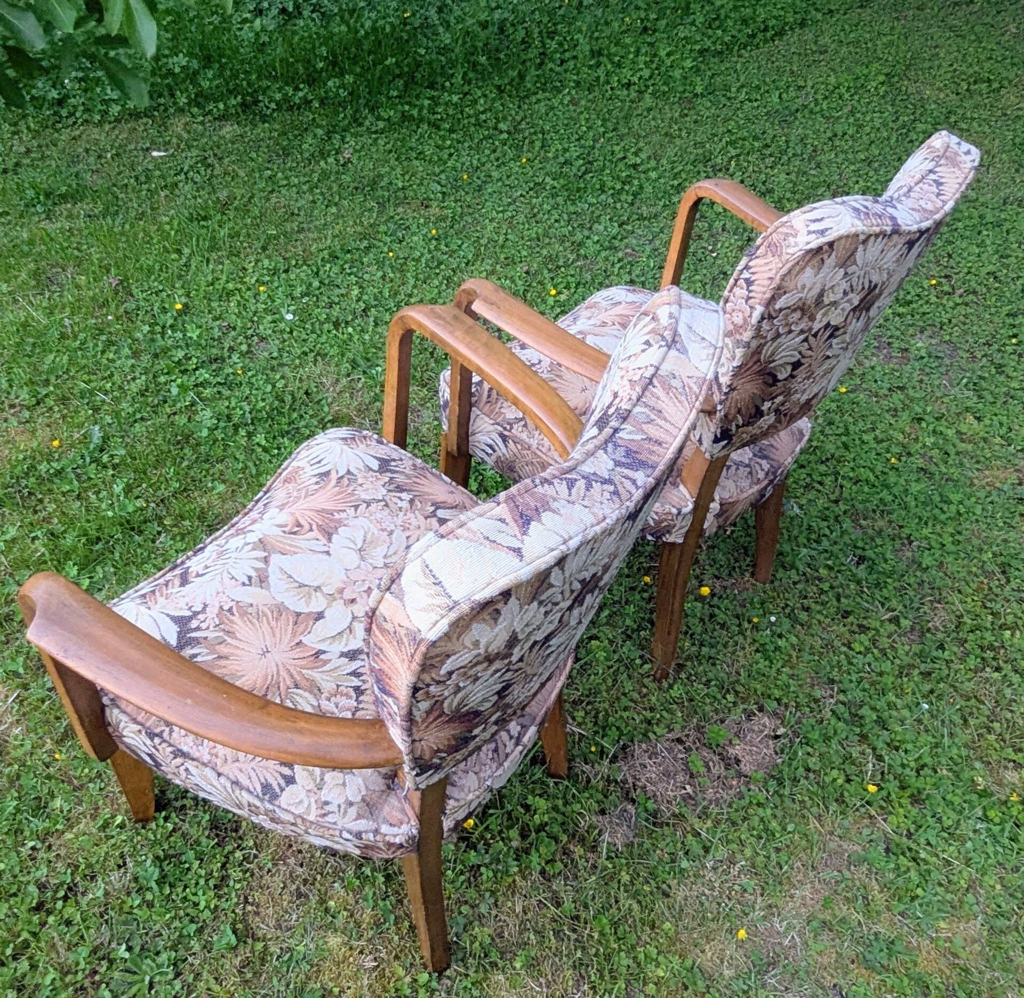 Paire de fauteuils bridge Art déco en bois massif, années 40-50