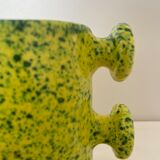 Handmade green speckled yellow ceramic vase with abstract handles