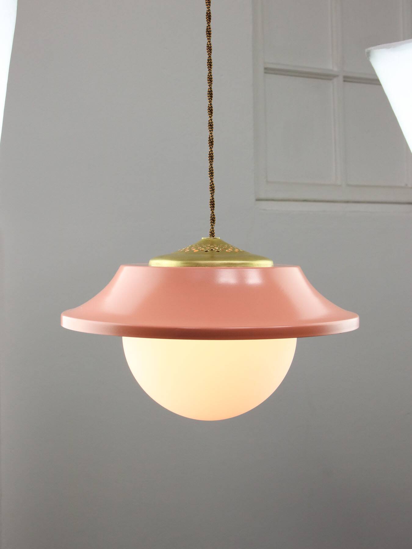 Mid-Century Italian Pink Metal and Brass Pendant Lamp