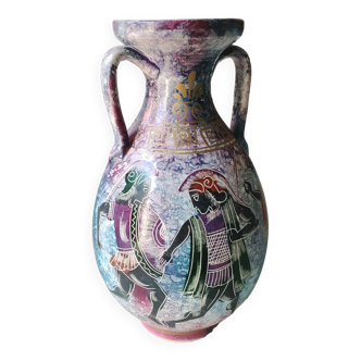 Vase Amphore Grec Artisanal. Scènes vie Mythologie Grecque/Dieux Grecs. En céramique, tons pastels. Haut 27 cm