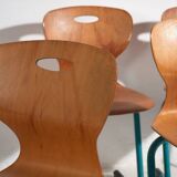 Vintage turquoise blue school chairs (c.1950). Set of 4 pieces