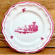 6 old flat table plates, Gien earthenware, pink landscape model.