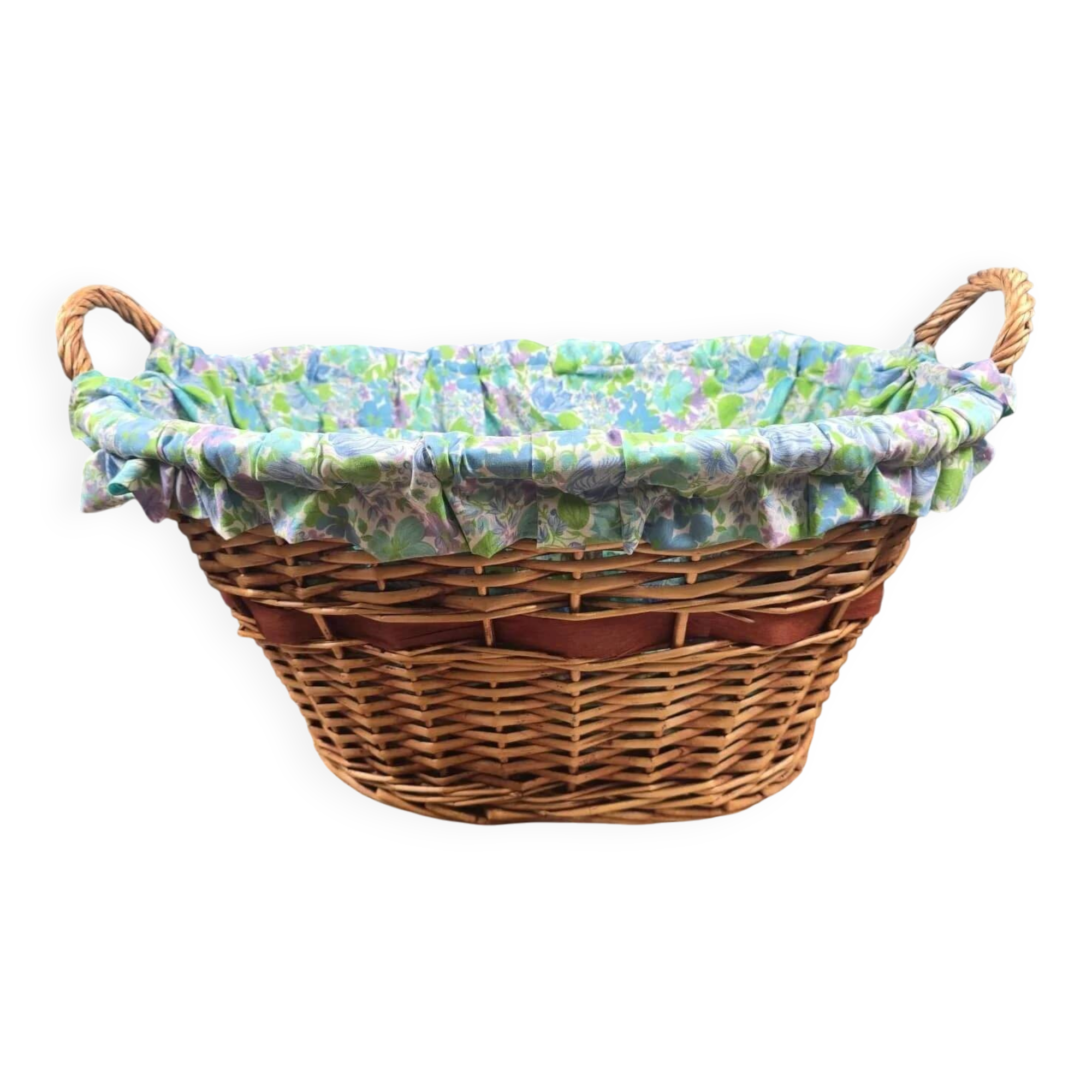Vintage wicker basket – Blue floral fabric & matching cushion
