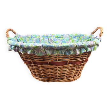 Panier couffin vintage en osier – Tissu fleuri bleu & coussin assorti