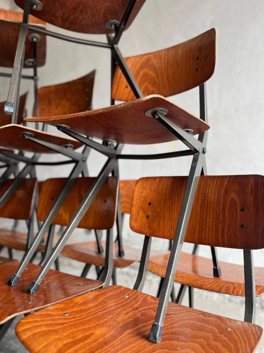 Set of 4 Eromes Marko Holland 1960s Chairs — Dark Wood Veneer Seats, Black Metal Frames