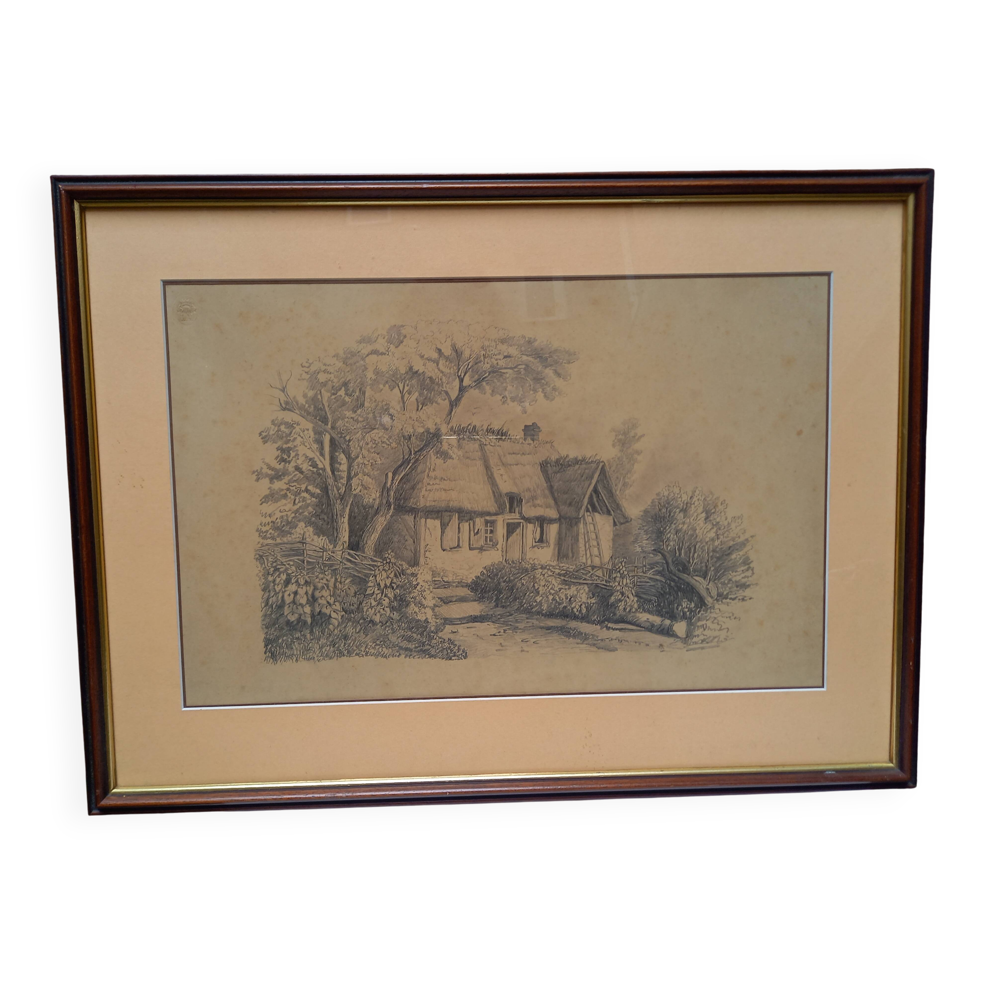 Old pencil drawing, thatched cottage in a grove, late 19th century