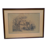 Old pencil drawing, thatched cottage in a grove, late 19th century