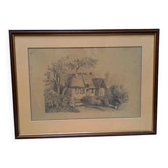 Old graphite drawing, cottage in a grove, late 19th century