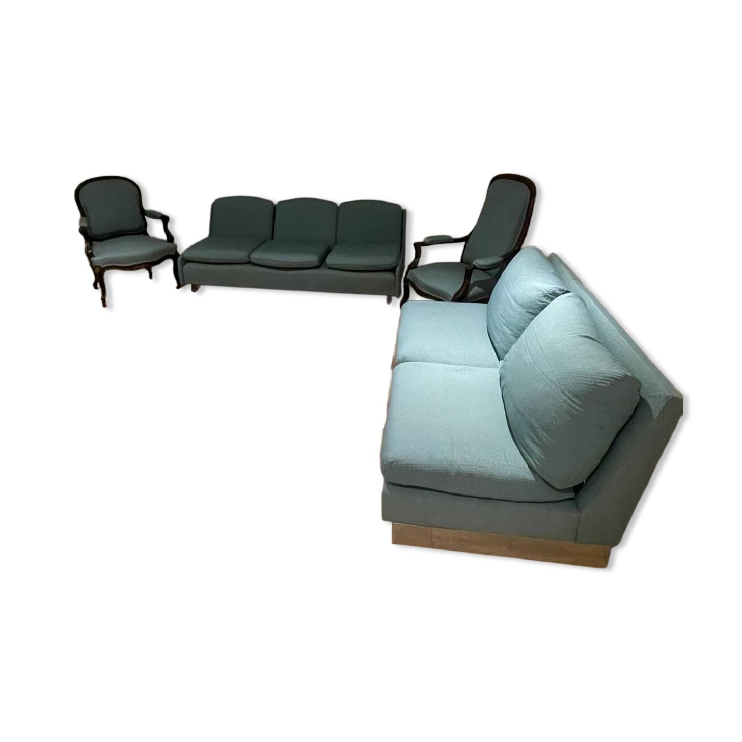 Banquette sofa circa 1970 blue fabric/yellow polka dots