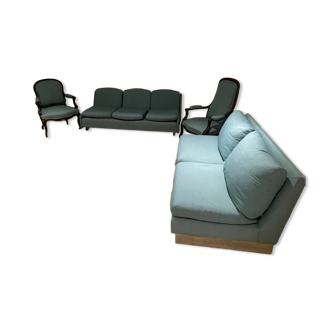 Banquette sofa circa 1970 blue fabric/yellow polka dots