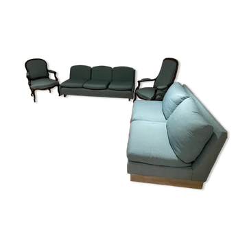 Banquette sofa circa 1970 blue fabric/yellow polka dots
