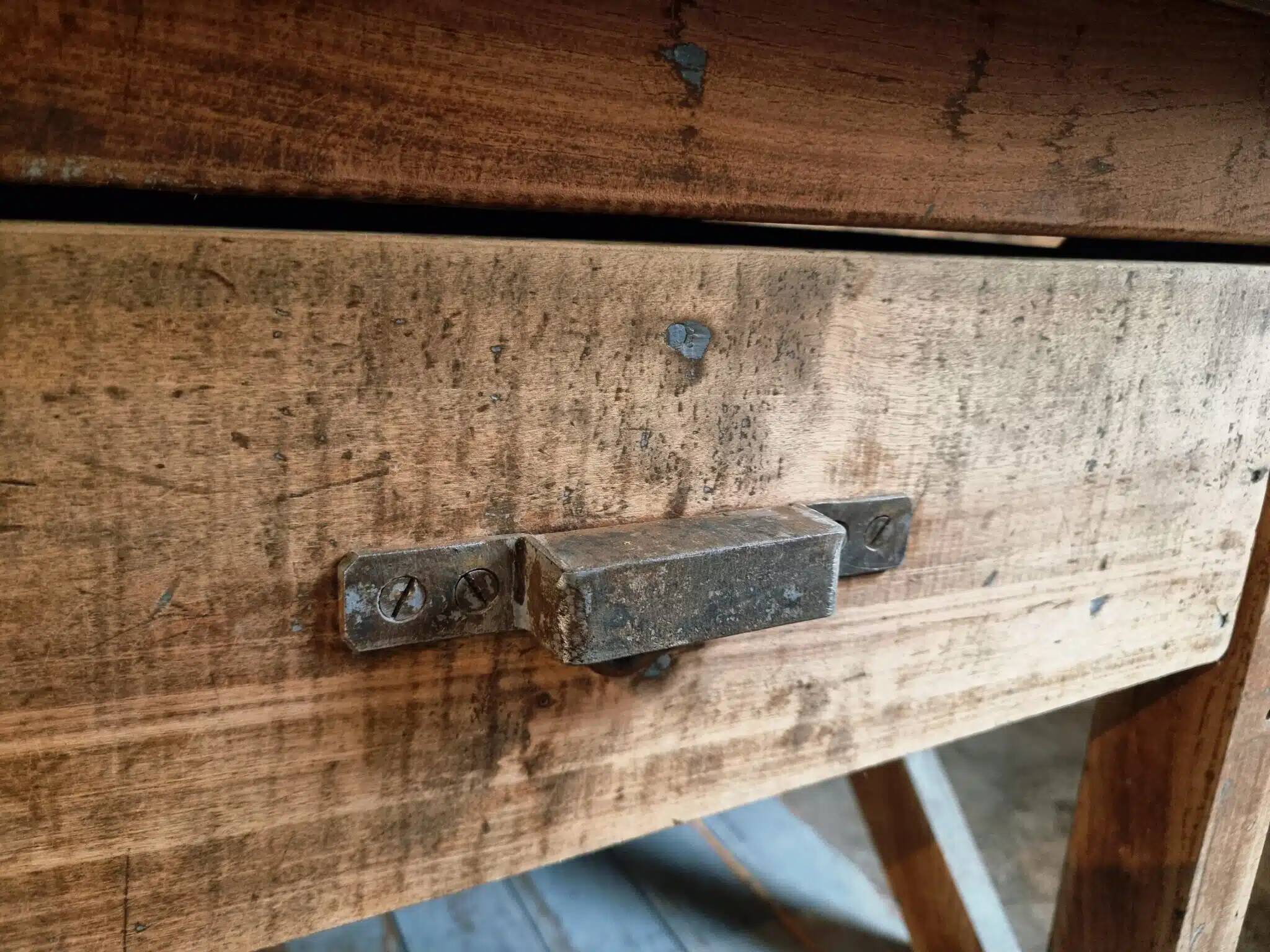 Vintage French industrial workbench – 1920s/1930s oak and pine table with drawer