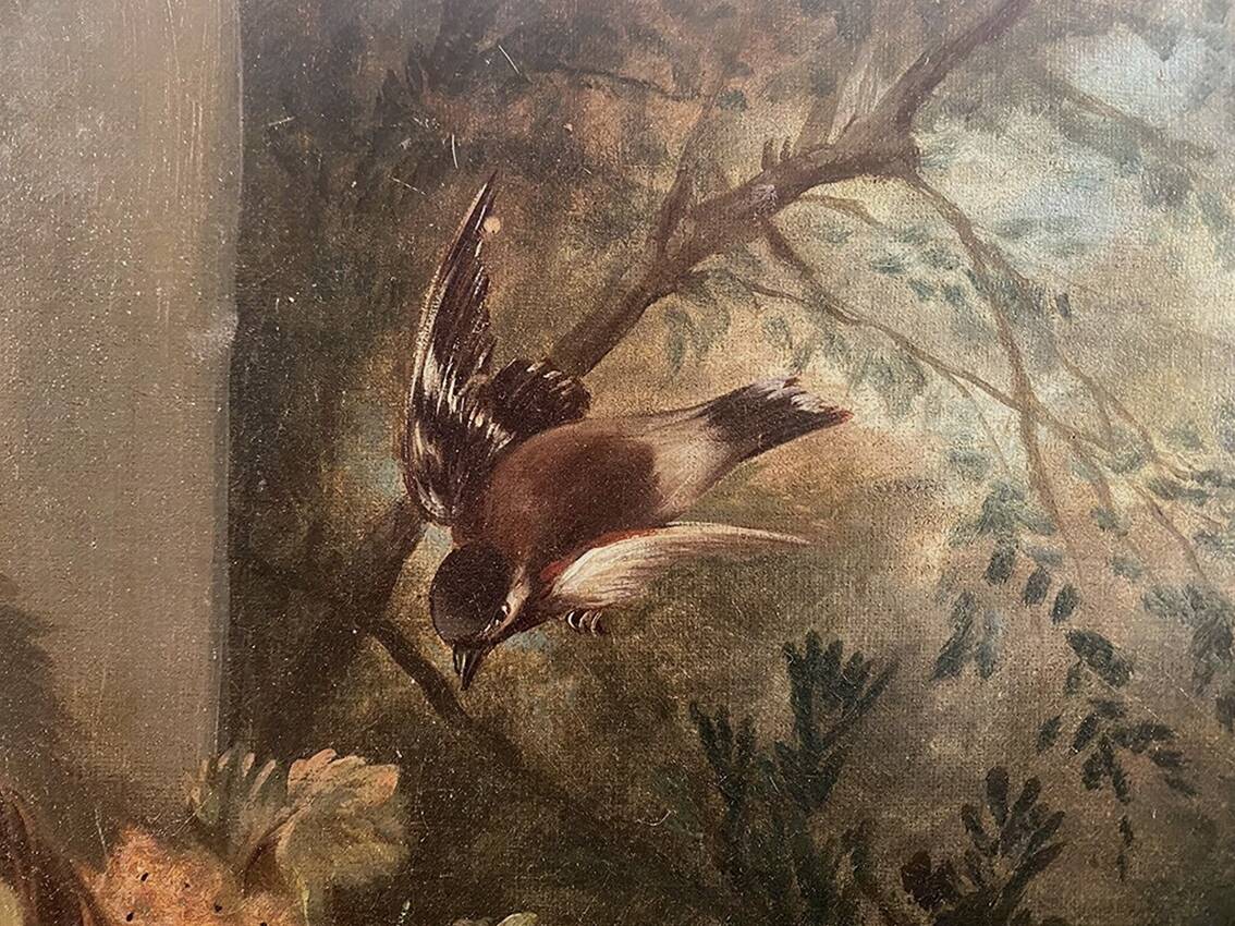 "Still Life with Fruits and Birds", oil on canvas, late 19th century.