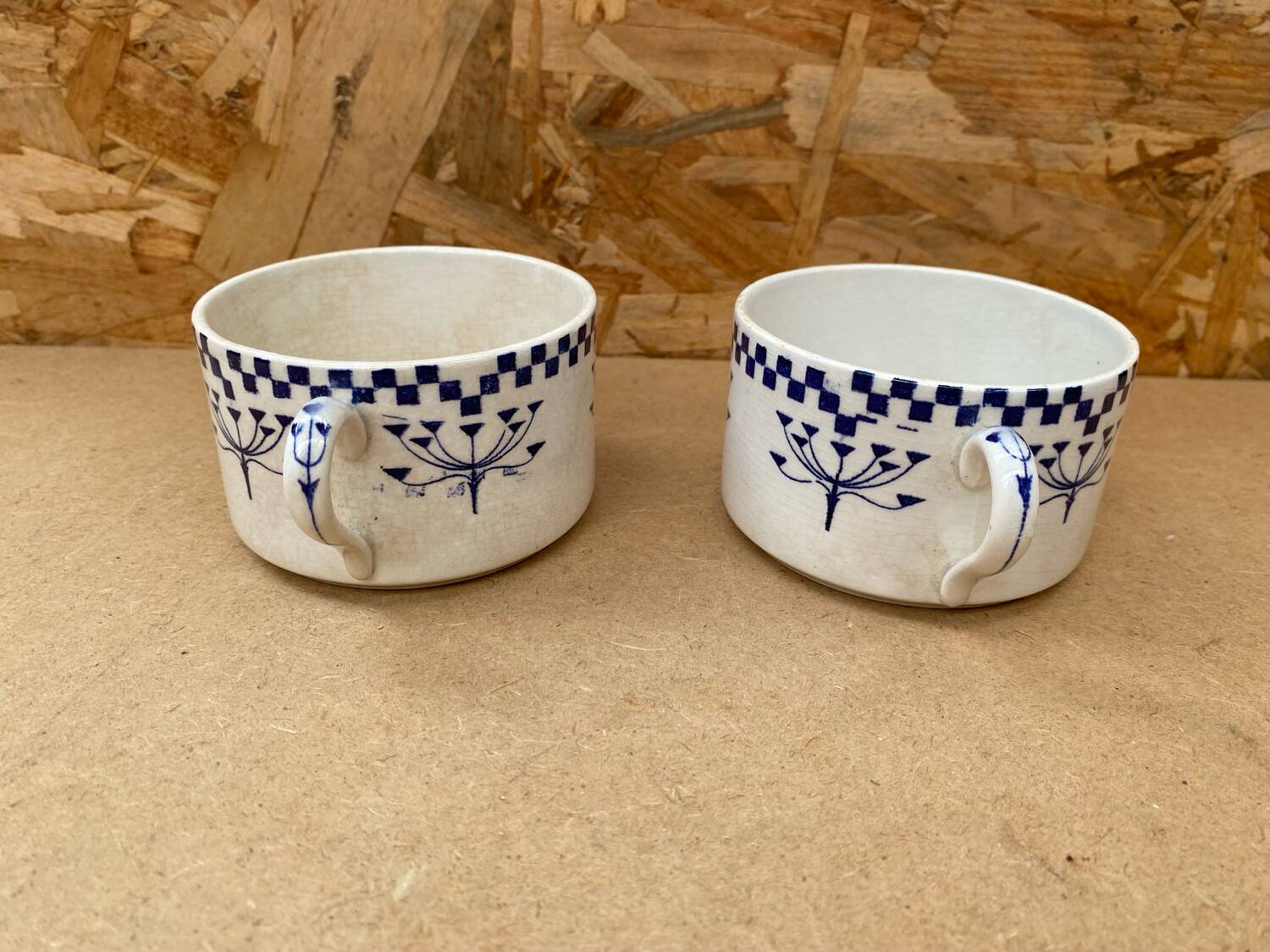 Pair Antique Creil & Montereau Mug Checkerboard Pattern Ceramic France