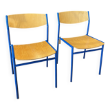 Pair of Gijs Van Der Sluis chairs in wood and blue legs from the Netherlands, 1970s