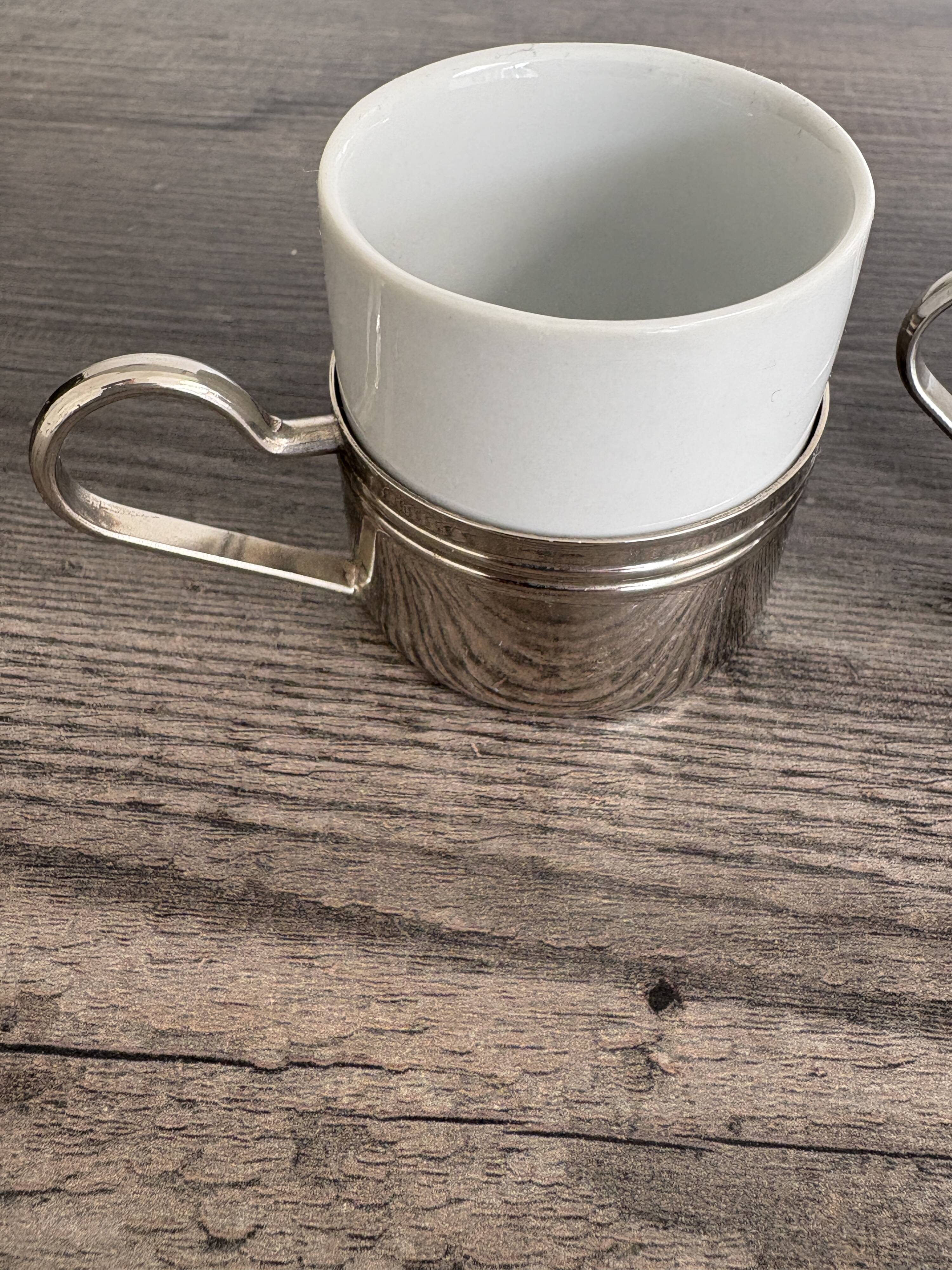 Set of 2 vintage porcelain cups with silver metal stand