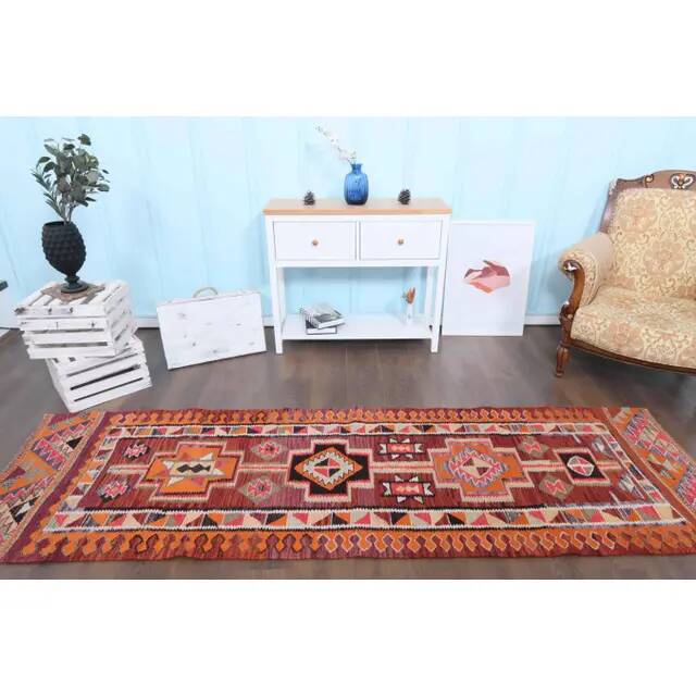 1970s Vintage Turkish Hand-Knotted Wool Cotton Purple Runner Rug 85x292