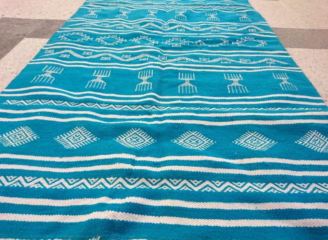 Blue and white carpet handmade 115x185cm