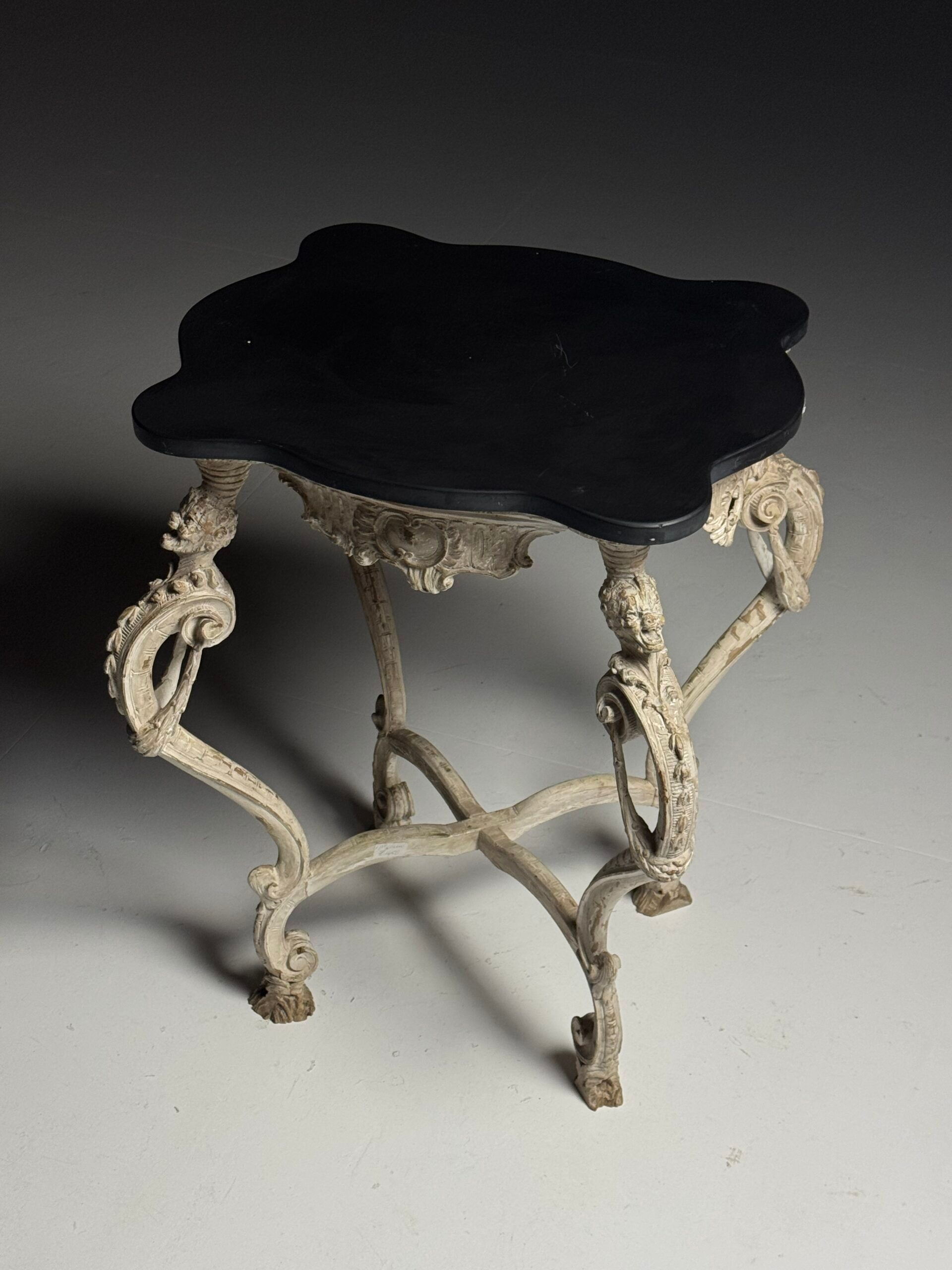 French side table hand-carved wood with marble top