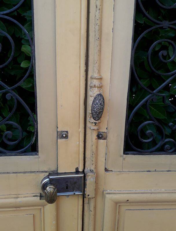 19th century double arched entrance door in oak with grilles and old glass