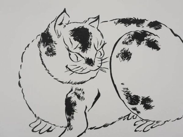 Mokuchu URUSHIBARA : Estampe japonaise, Le Chat, Gravure sur bois signée