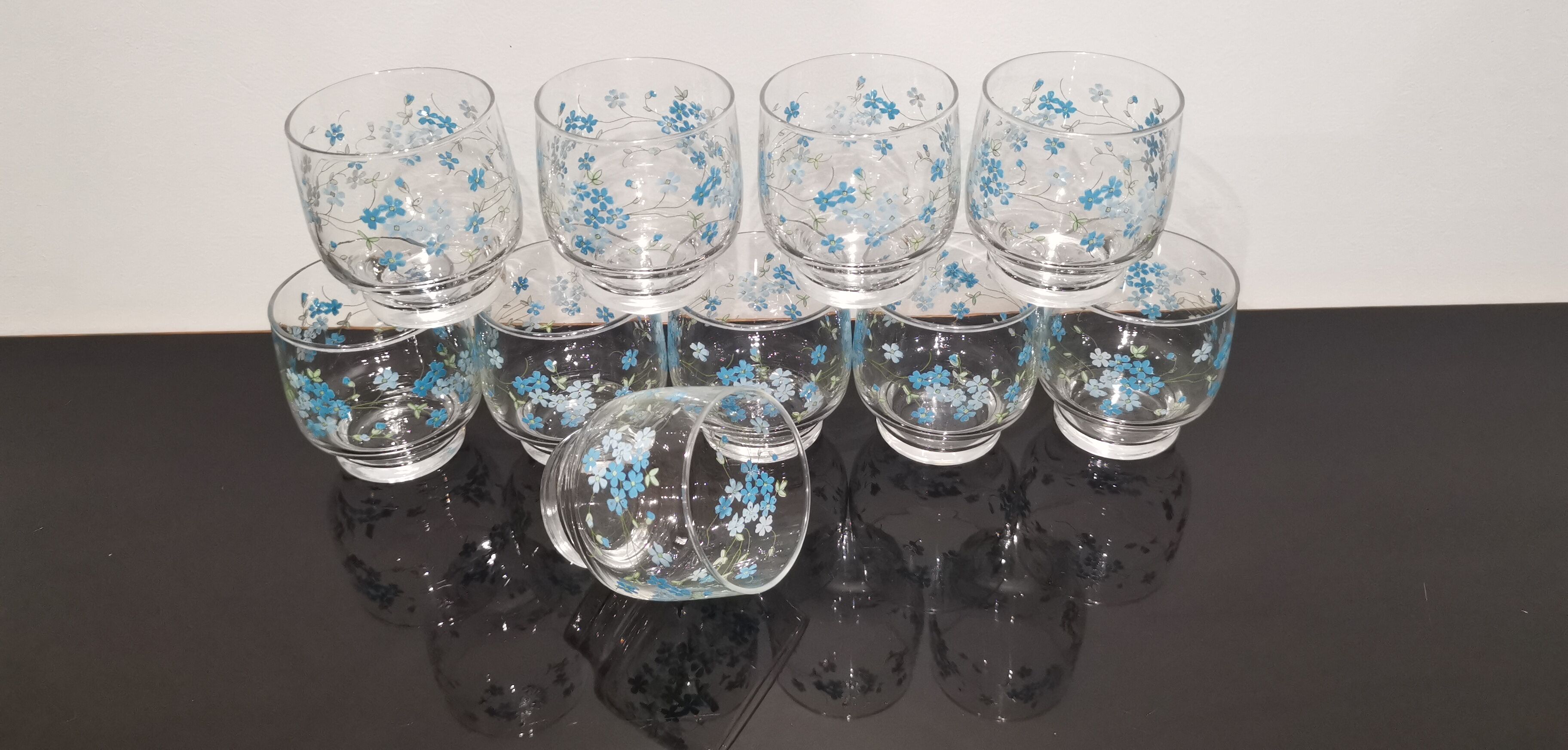 Set of 10 water glasses Veronica Luminarc Arcoroc decoration small blue flowers 80's