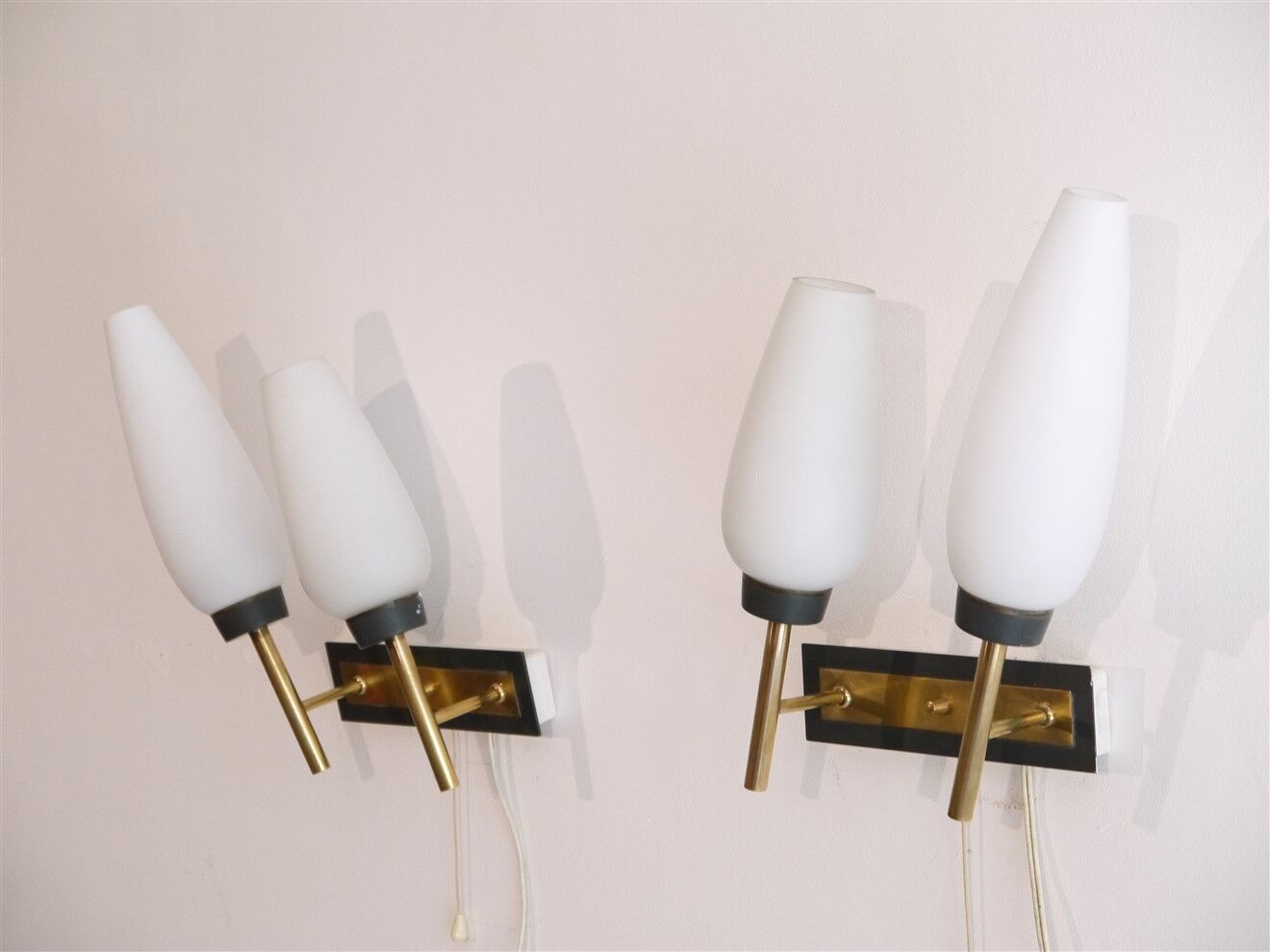 Pair of vintage brass metal and opaline wall lamps 1960
