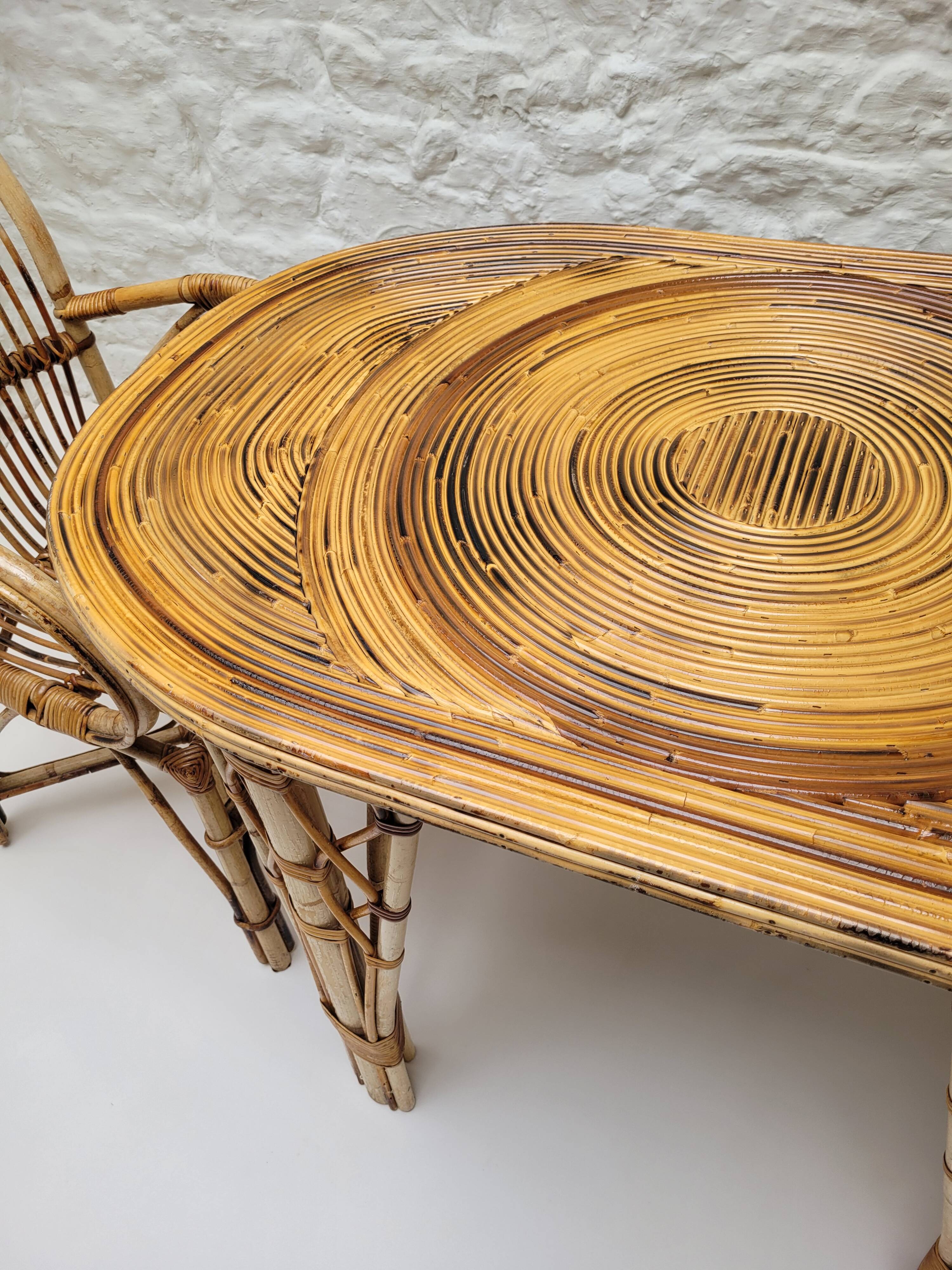 Audoux Minet duo table with bamboo rattan and smoked glass armchairs