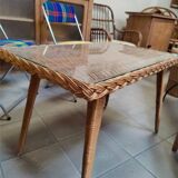 Vintage rattan coffee table with glass top