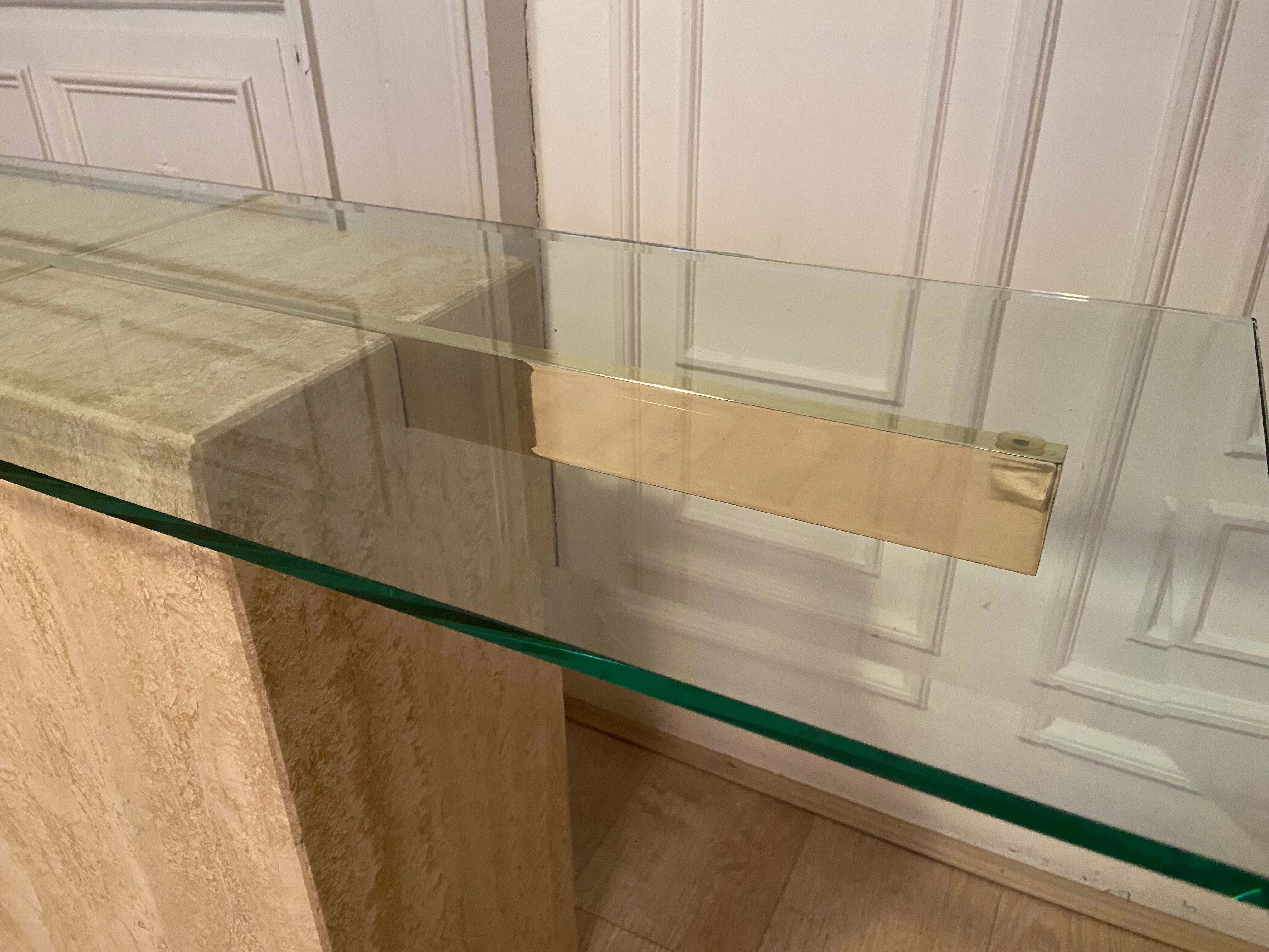Travertine console and gold metal cross, Italy, 1970s