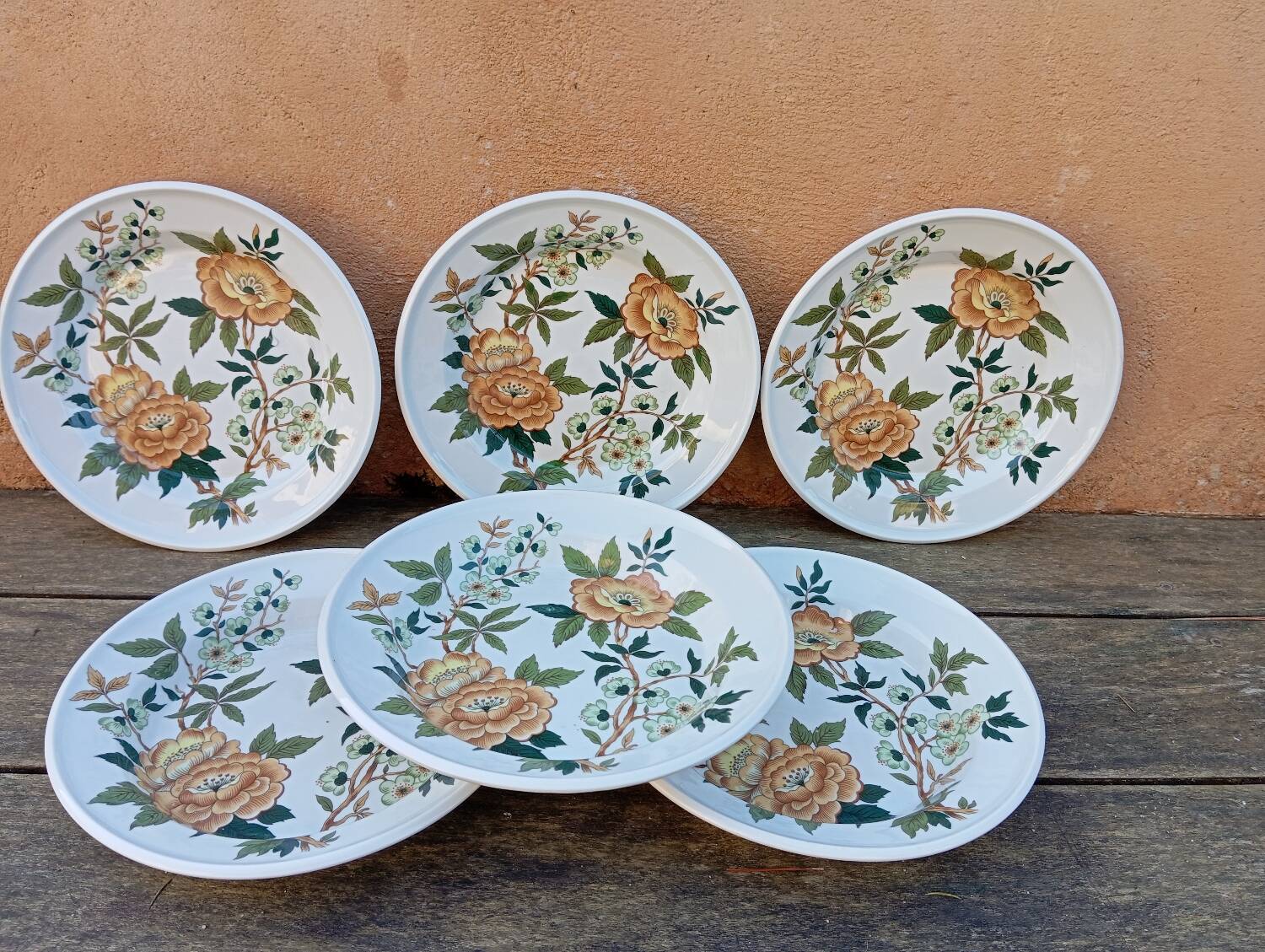6 soup plates with orange and green flowers, Sologne porcelain, vintage