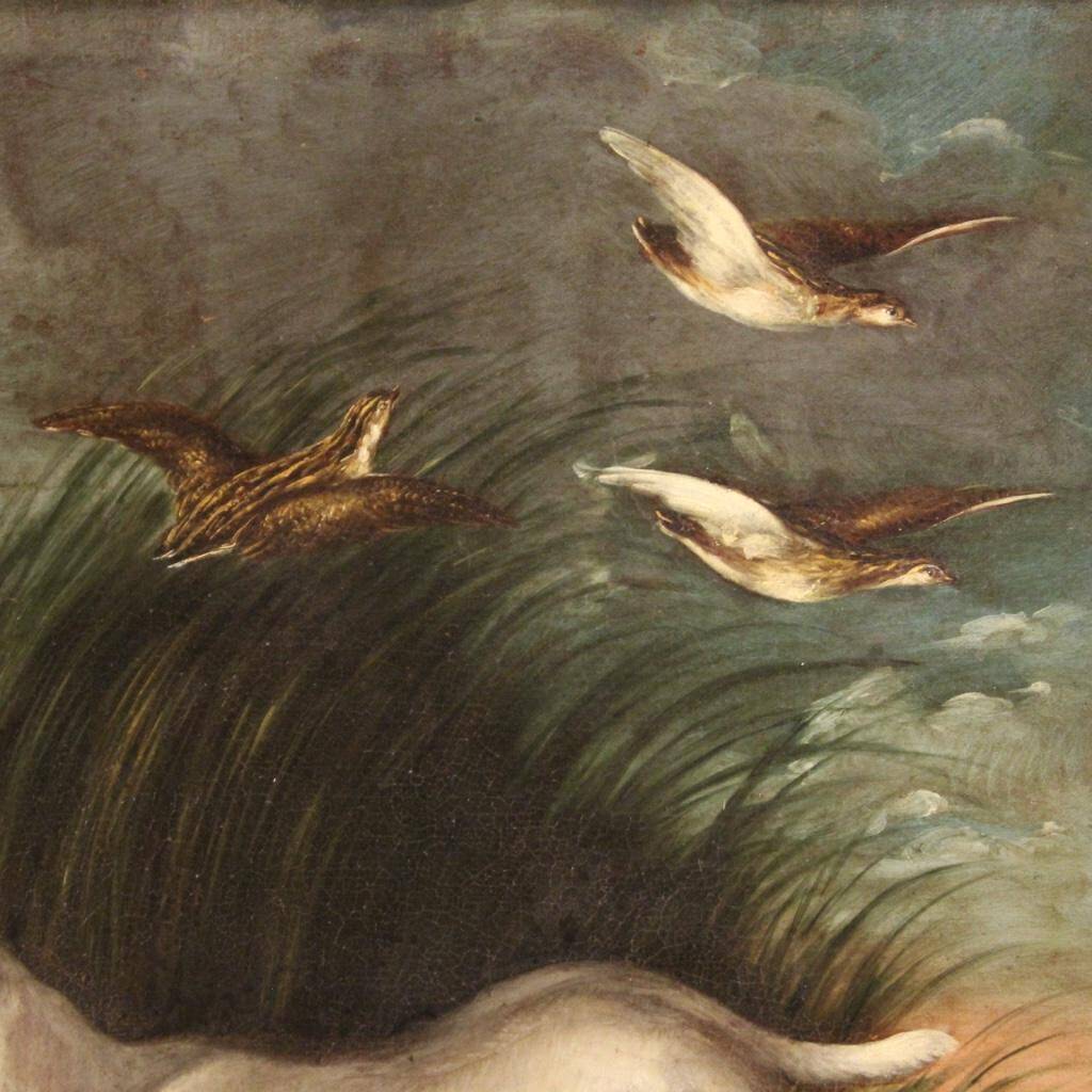 Peinture antique française paysage avec chien