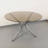 Vintage round dining table in smoked glass and chromed metal, Space Age style, from the 70s