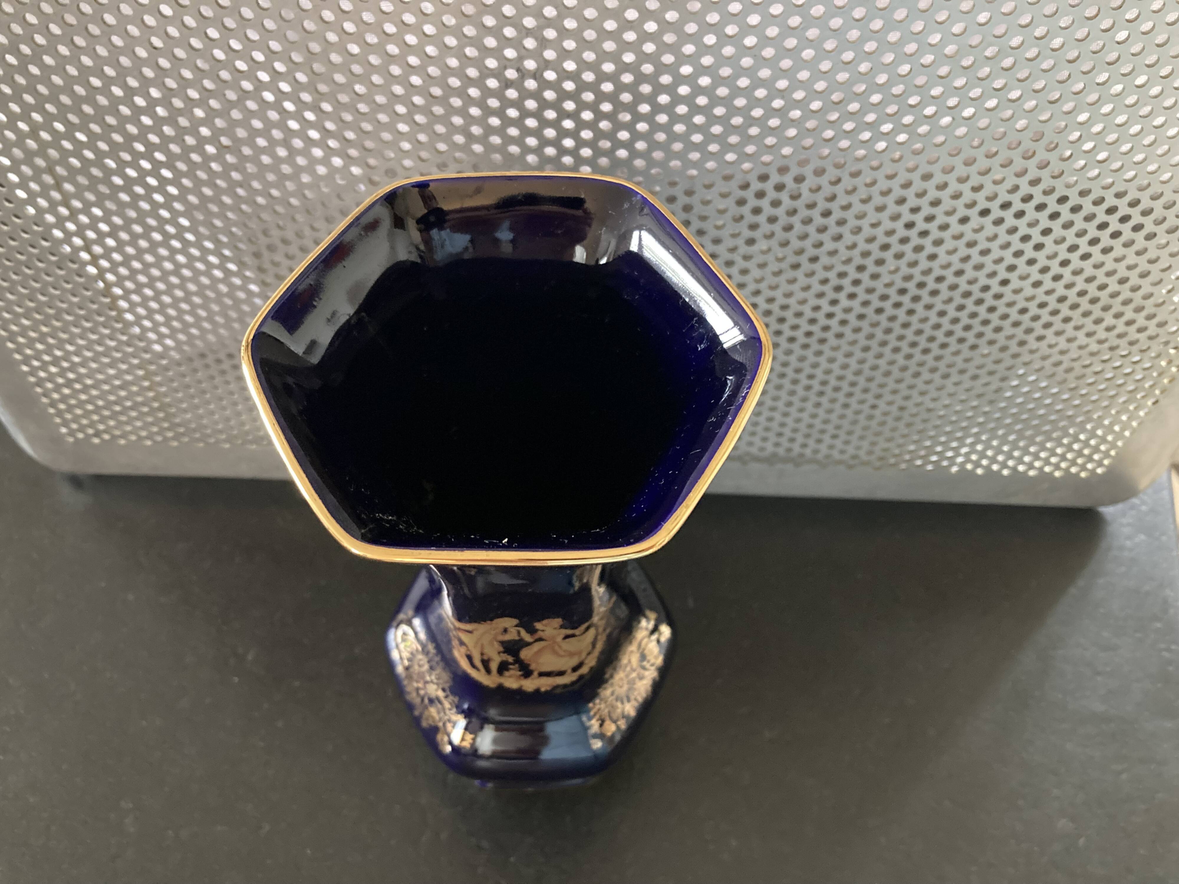 Limoges Castel France cobalt blue hexagonal porcelain vase with 22K GOLD courtesy scene