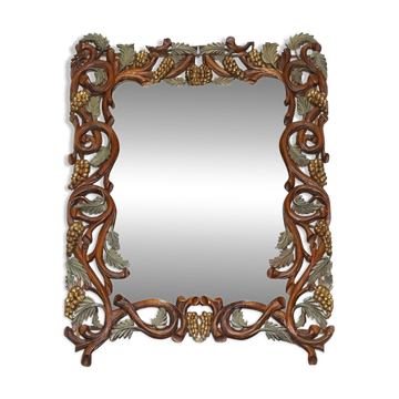 Vintage Black Heavily Carved Wooden Forest Wall Mirror