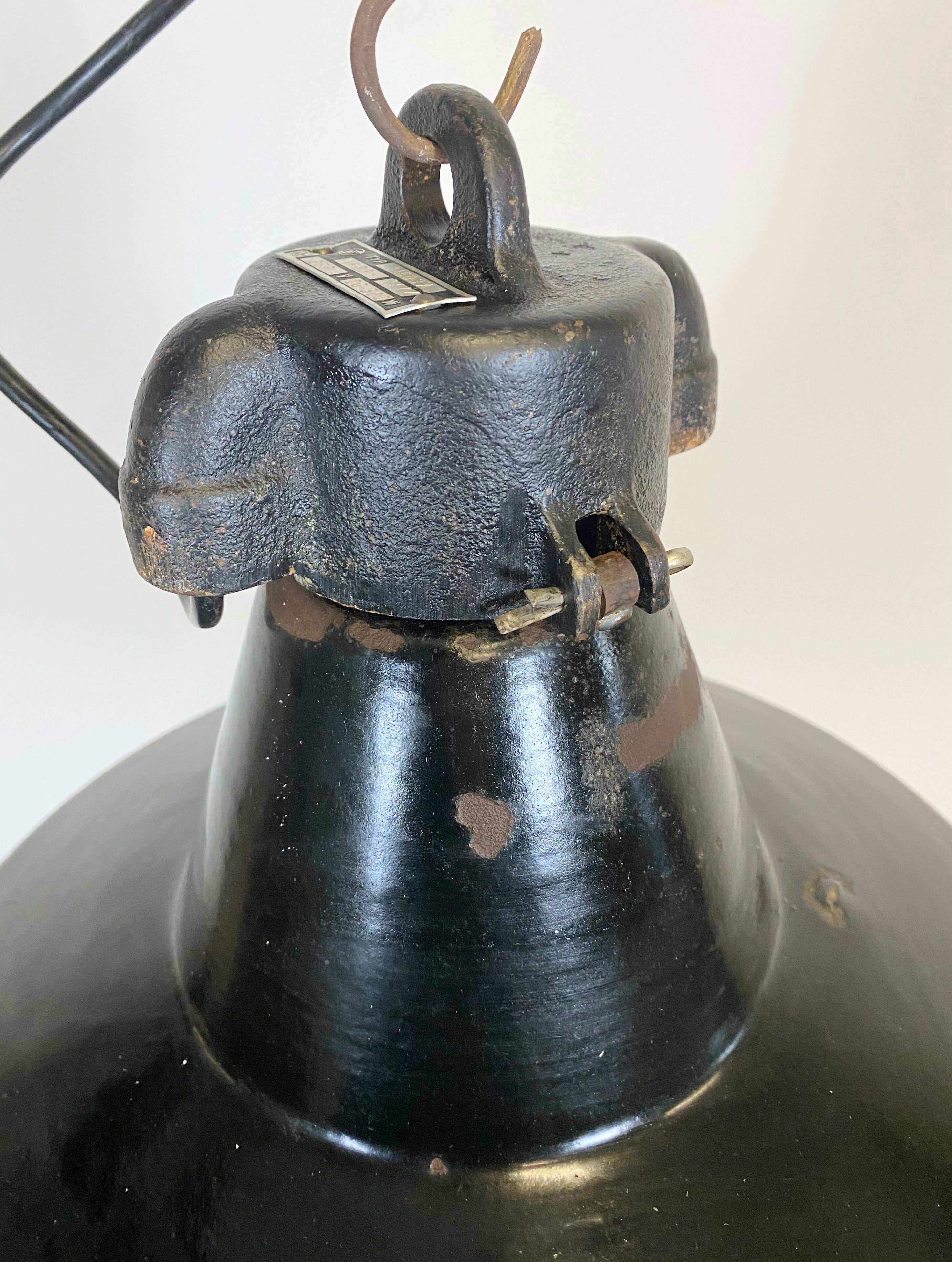 Industrial black enamel pendant lamp with cast iron top, 1970s