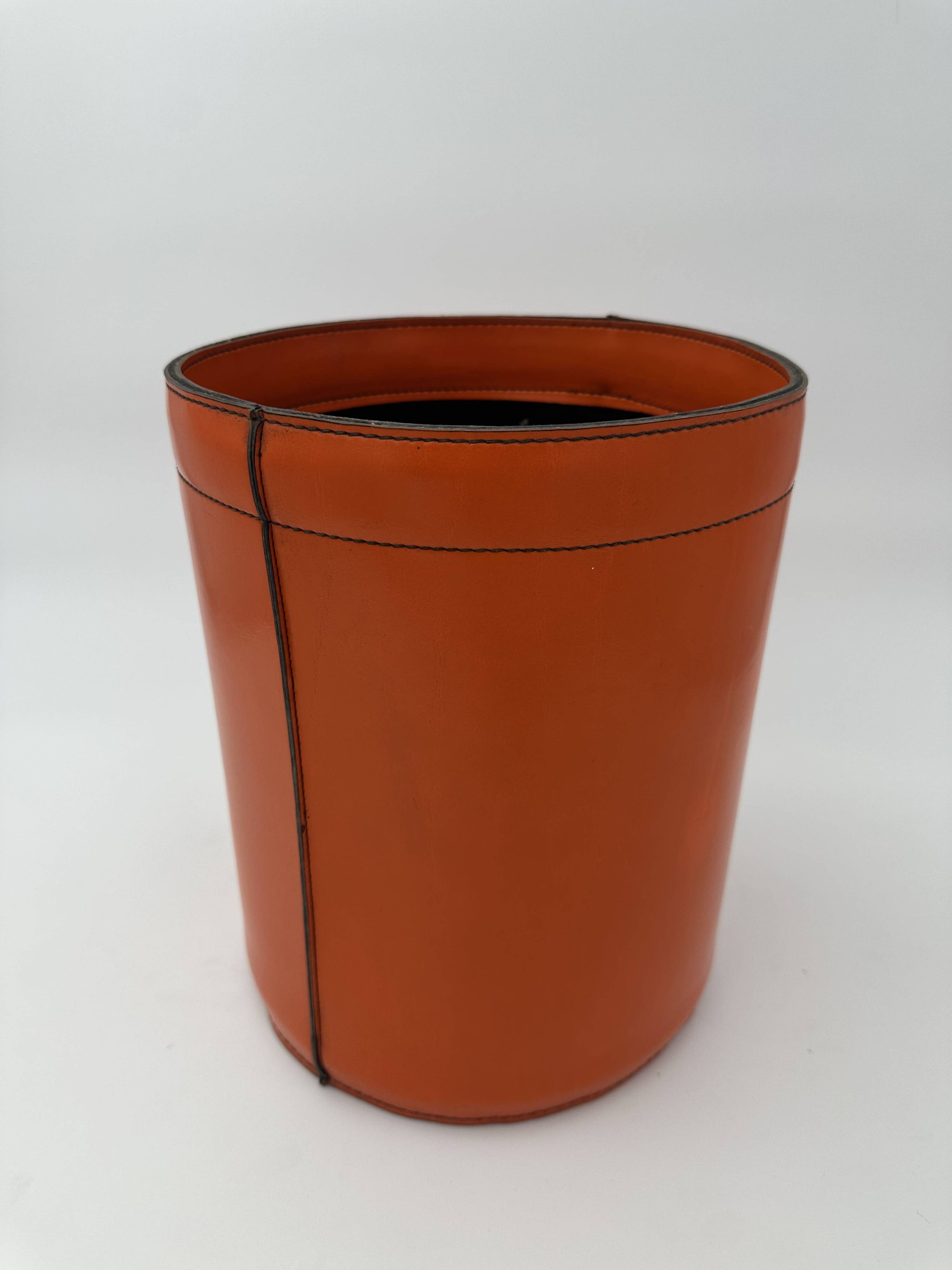Orange Leather Waste Paper Basket in the Style of a Saddler, in the Taste of Hermès, Ann