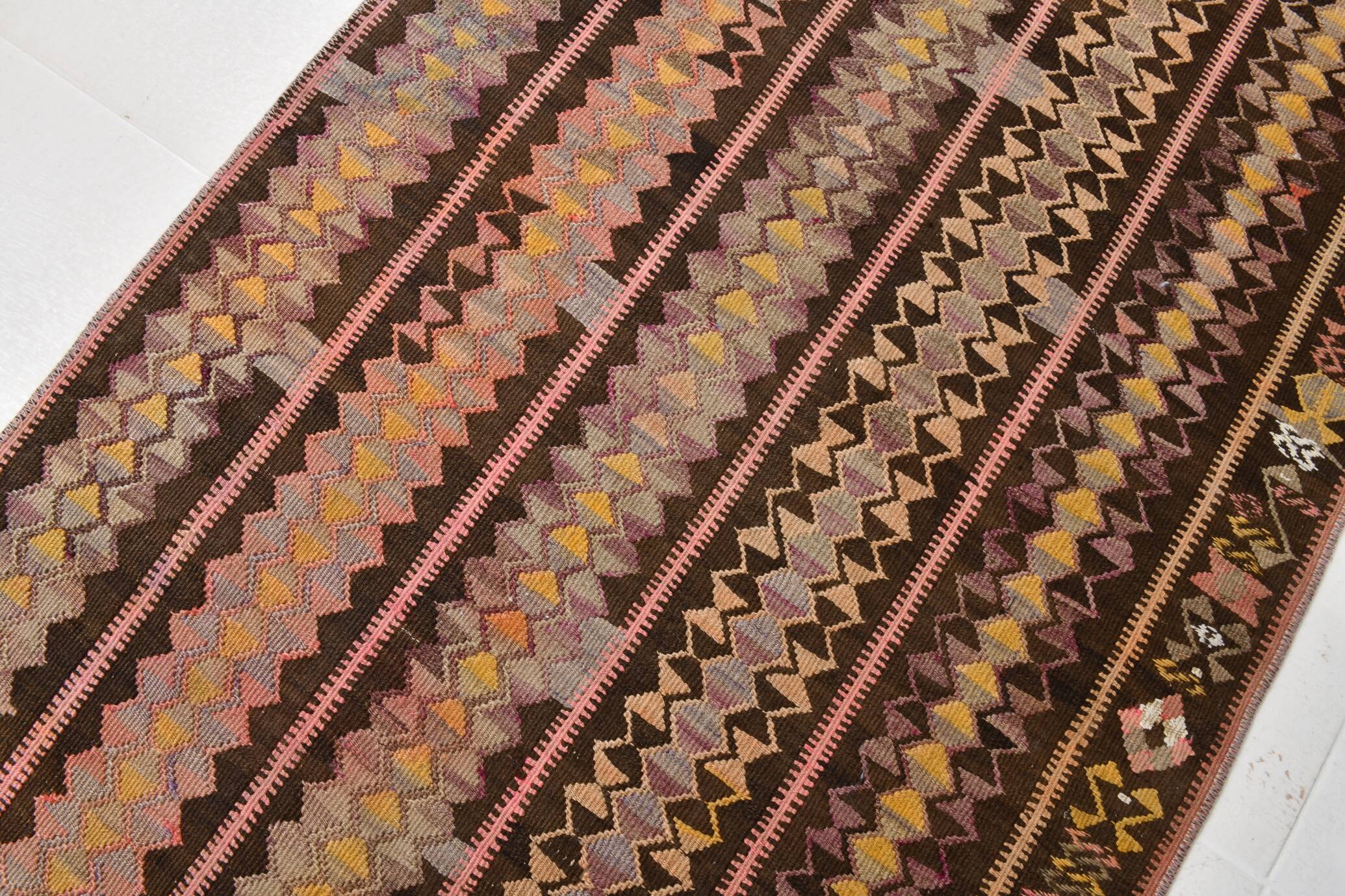 3x10 Pink & Brown Tribal Kilim Runner Rug, 88x313Cm
