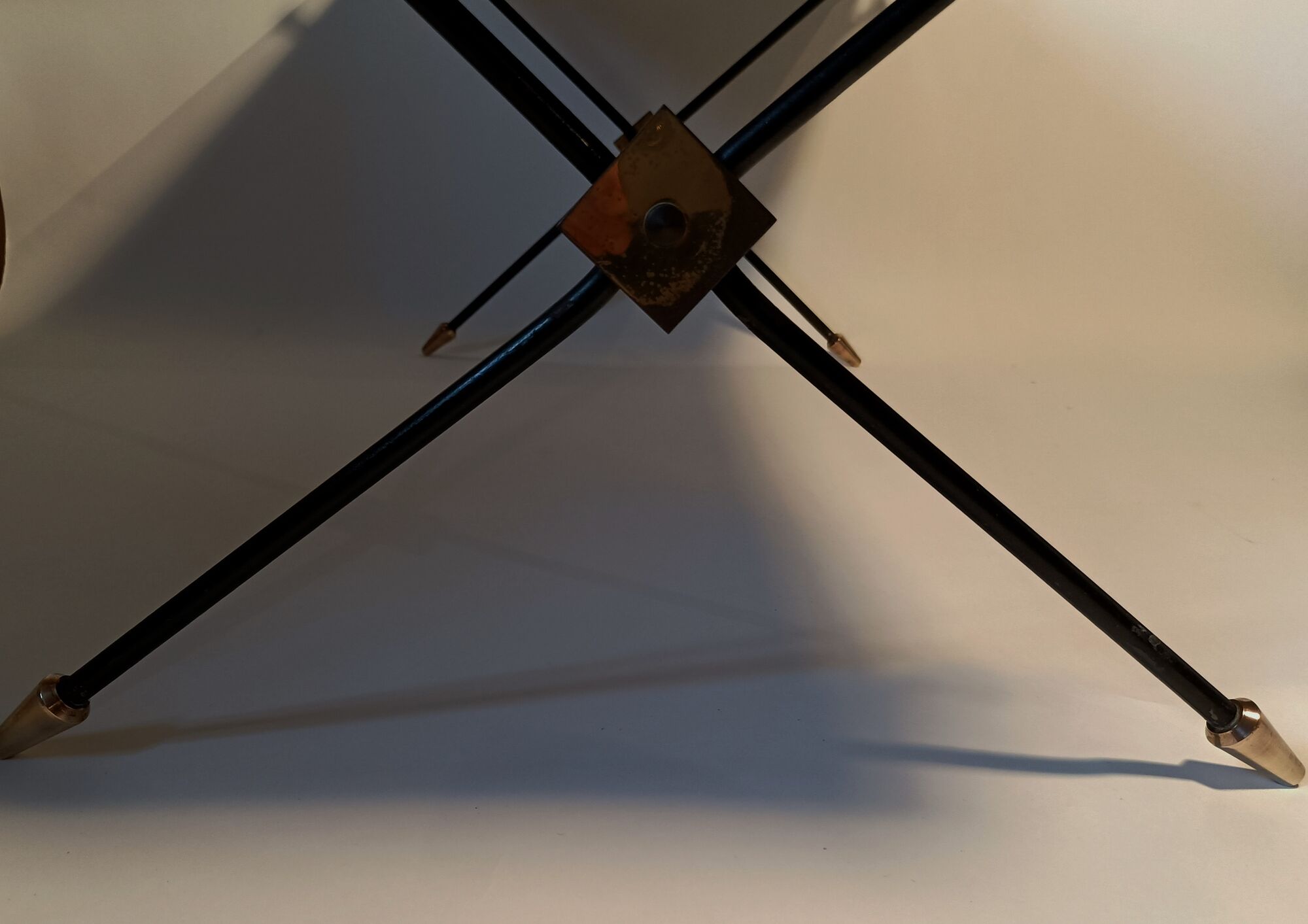 Coffee table in gilded brass, black metal and black opaline top, circa 1950