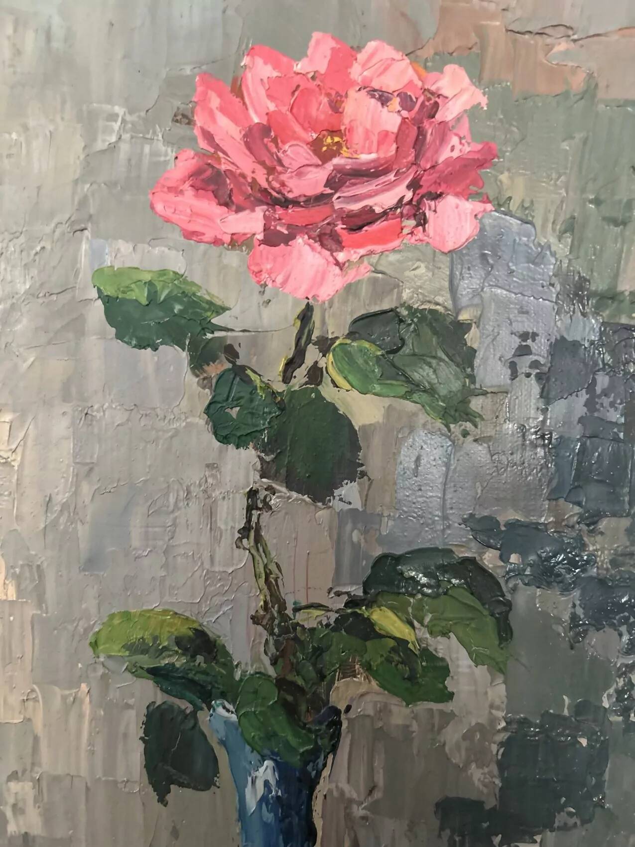 Antique oil painting on canvas, "The Rose in a Blue Vase," mid-20th century, signed