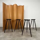 4 brutalist tripod bar stools, solid wood, 1950s
