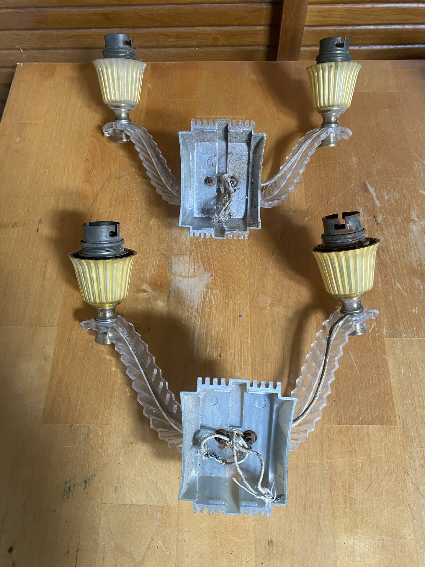 Chandelier + pair of wall lights in the old style jules leleu gilded + perspex plexi