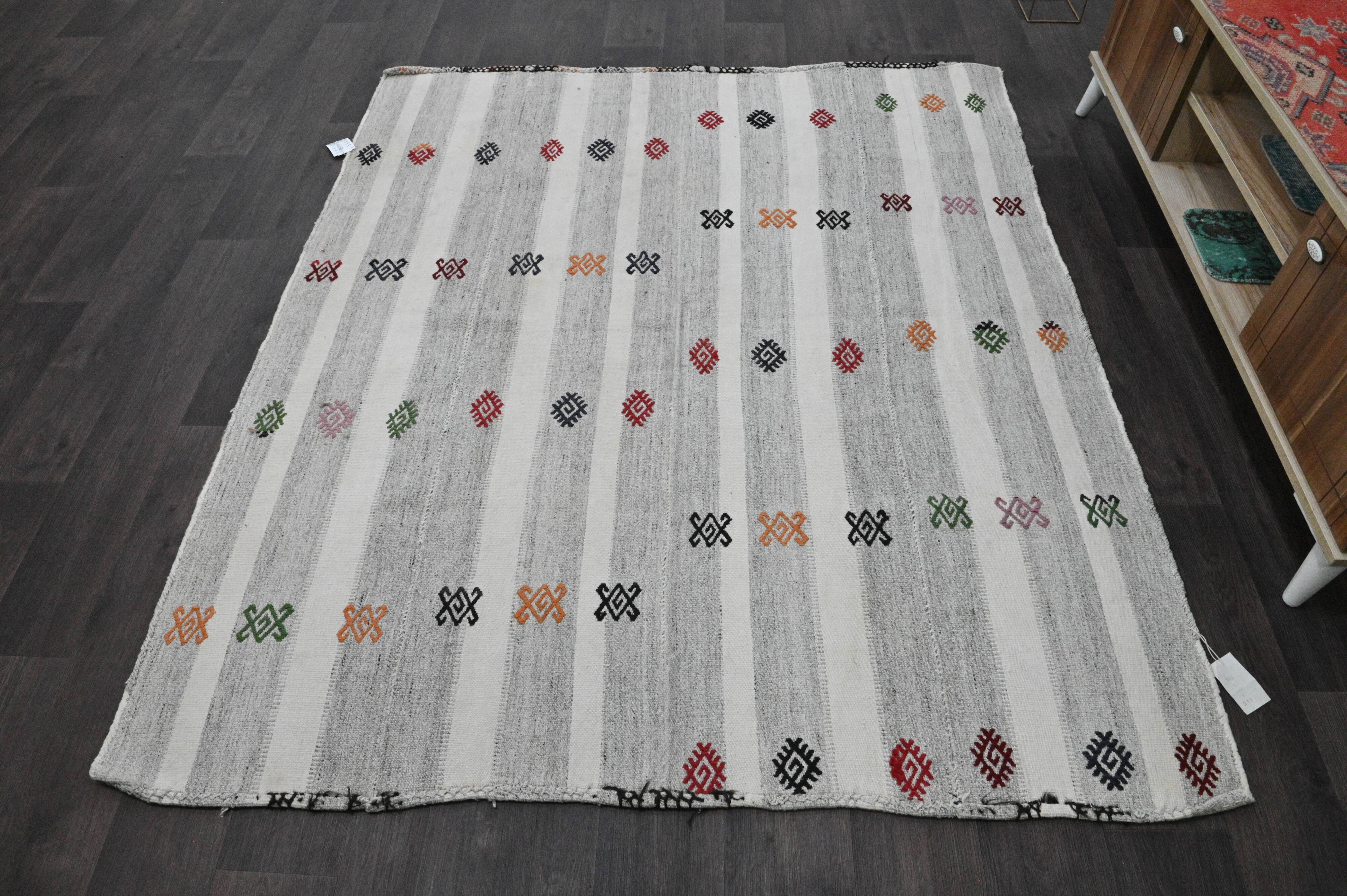 Vintage Turkish Kilim Rug 162x192 cm, Grey Stripes and Colorful Patterns