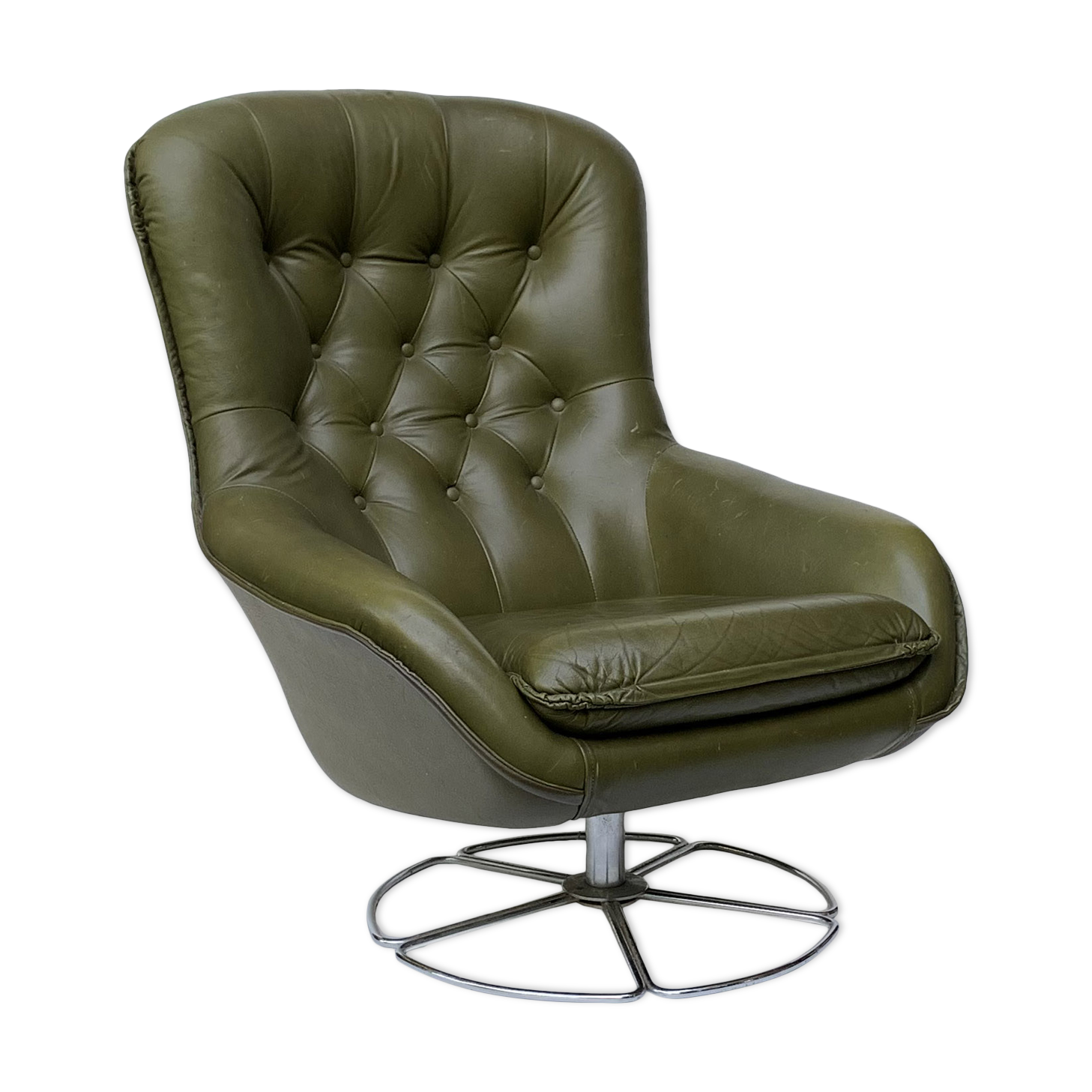 Swivel armchair in olive green leather 1970s