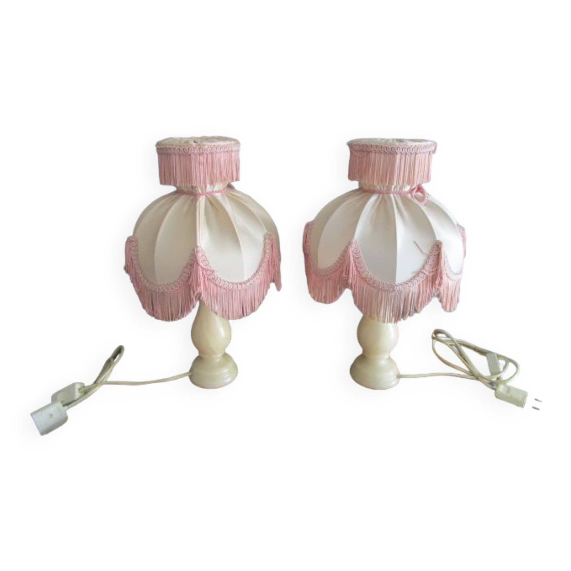 Pair of antique bedside lamps in alabaster and satin lampshade