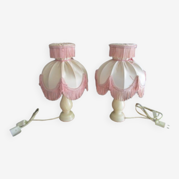 Pair of antique bedside lamps in alabaster and satin lampshade