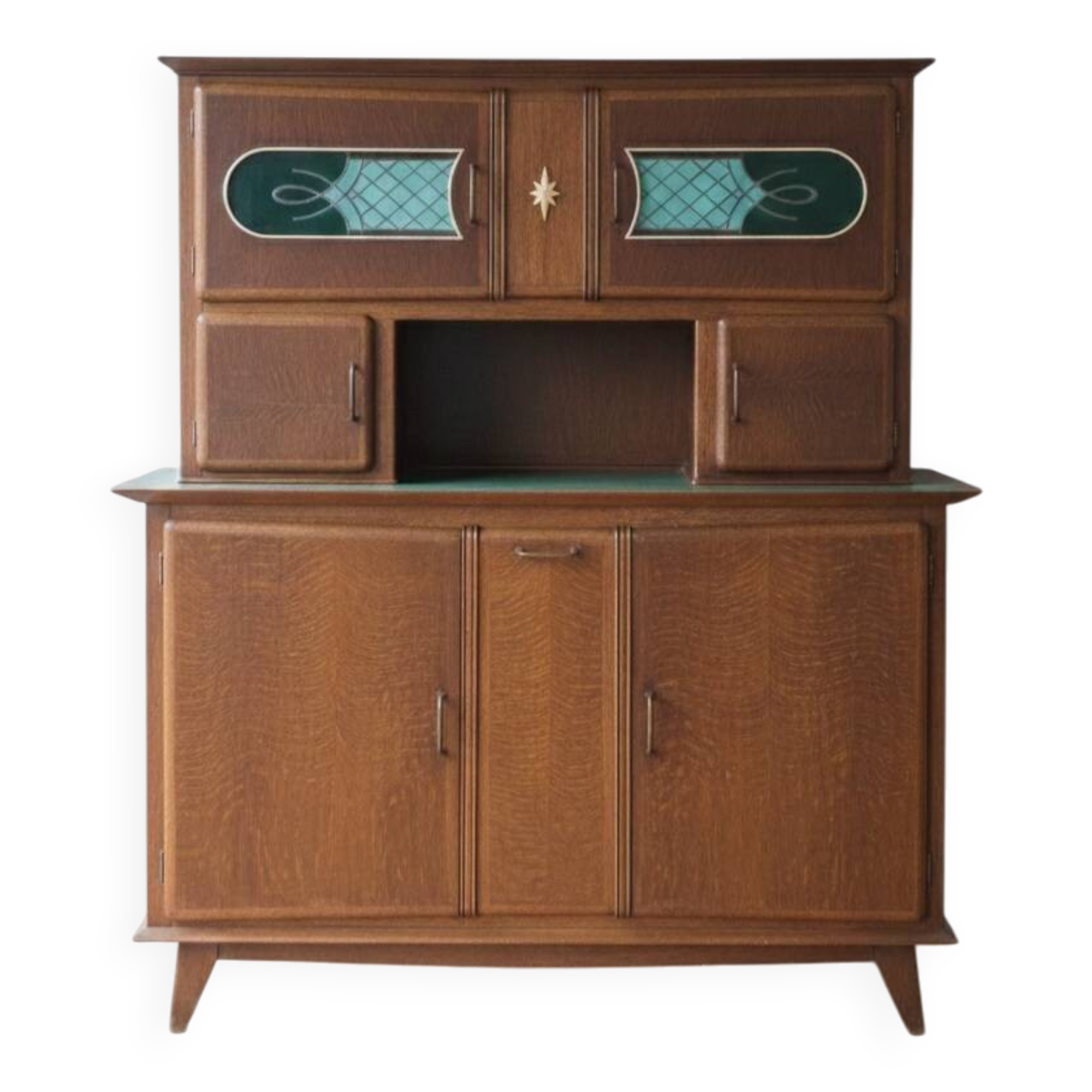Vintage 1950s Mado sideboard - two sections - patinated wood & art deco glass