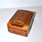 Vintage wooden box with straw marquetry and mother-of-pearl decoration.